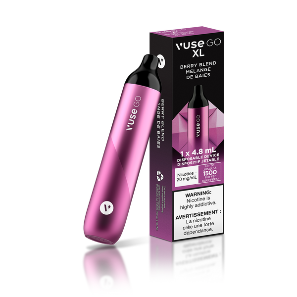 Vuse Go XL Berry Blend A smooth blend of strawberry, raspberry, blackberry and blueberry.  Experience new taste sensations. Intense Flavour. Less Hassle. Up to 1500 puffs. 2% 4.8ML   
