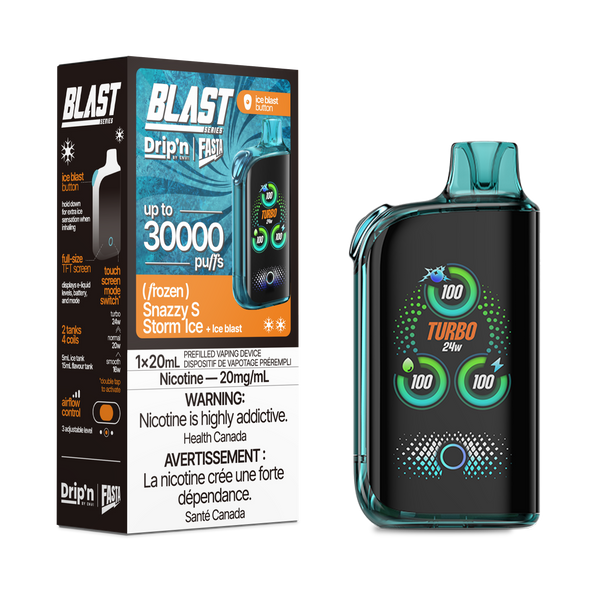 Rechargeable Drip'n Blast 30000 e-cig with touch screen, Turbo mode, up to 30,000 puffs, Snazzy Storm Ice flavor.