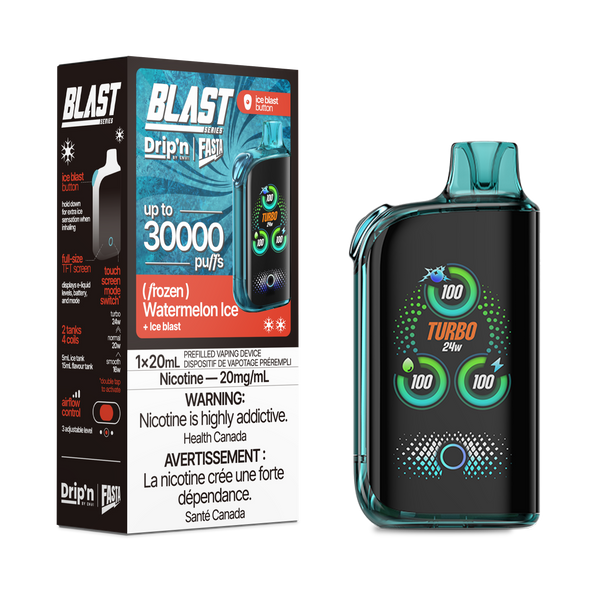 Rechargeable Drip'n Blast 30000 e-cig with touch screen, Turbo mode, up to 30,000 puffs, Watermelon Ice flavor.