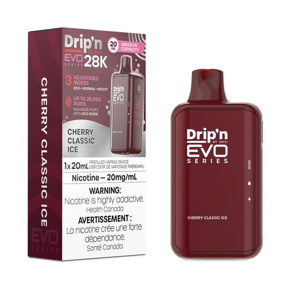 Drip'n EVO Series 28K Cherry Classic Ice disposable vape, 20mL capacity, 20mg/mL nicotine, with Health Canada warnings