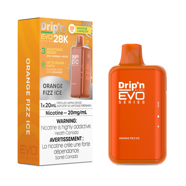 Drip'n EVO Series 28K Orange Fizz Ice disposable vape, 20mL capacity, 20mg/mL nicotine, with Health Canada warnings
