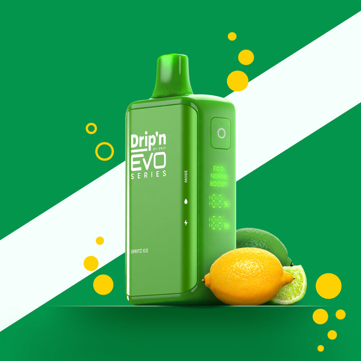 Drip'n EVO Series 28K Spritz Ice disposable vape, 20mL capacity, 20mg/mL nicotine, with Health Canada warnings
