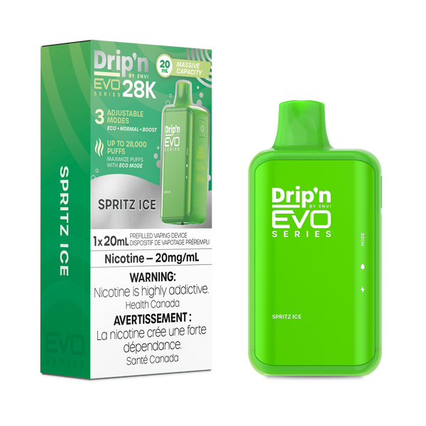 Drip'n EVO Series 28K Spritz Ice disposable vape, 20mL capacity, 20mg/mL nicotine, with Health Canada warnings
