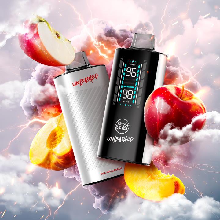 Two Flavour Beast Unleashed vapes in white and black, surrounded by apple and peach slices with a vibrant, dynamic background.