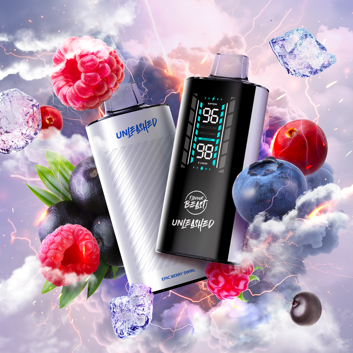 Two Flavour Beast Unleashed vapes in white and black, surrounded by blue raspberries and icy elements with an intense, stormy background