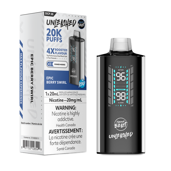 Flavour Beast Unleashed vape, Epic Berry Swirl flavor, 20K puffs, 20mg/mL nicotine, digital display, Health Canada warning.