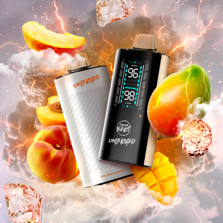 Two Flavour Beast Unleashed vapes in white and black, surrounded by peach and mango slices with a fiery, explosive background.