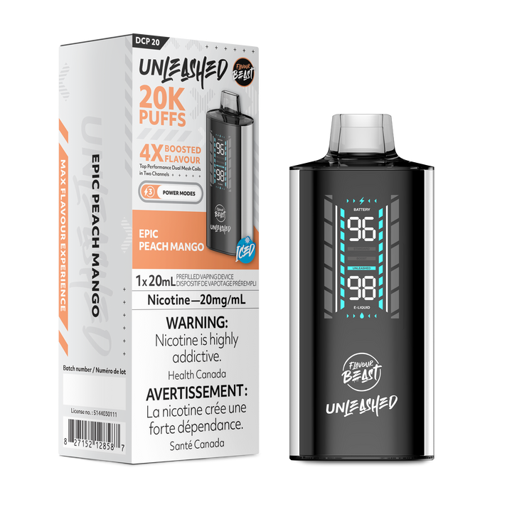 Flavour Beast Unleashed vape, Epic Peach Mango flavor, 20K puffs, 20mg/mL nicotine, digital display, Health Canada warning