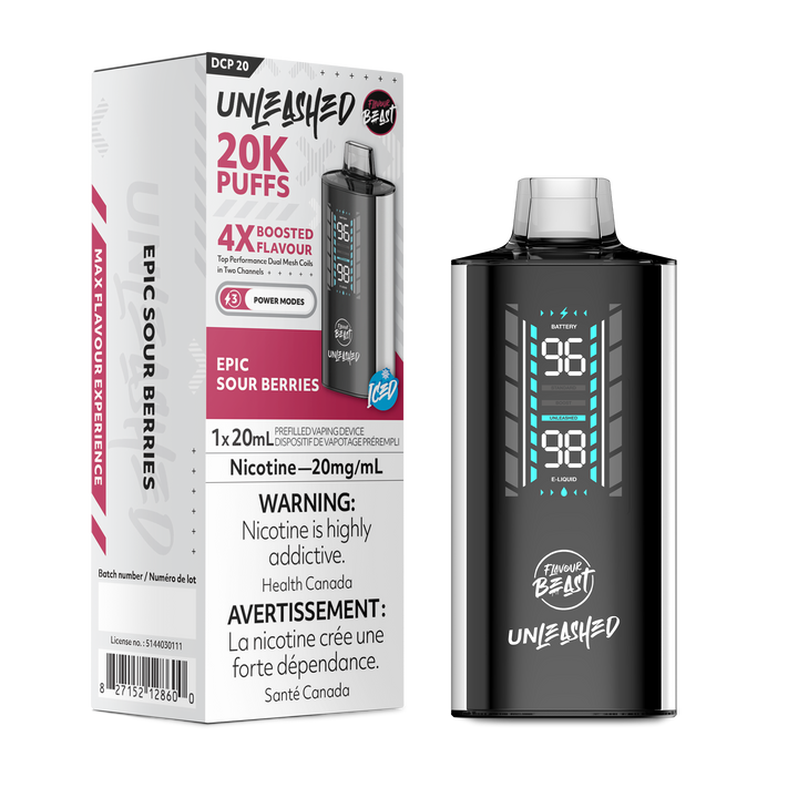 Flavour Beast Unleashed vape, Epic Sour Berries flavor, 20K puffs, 20mg/mL nicotine, digital display, Health Canada warning.
