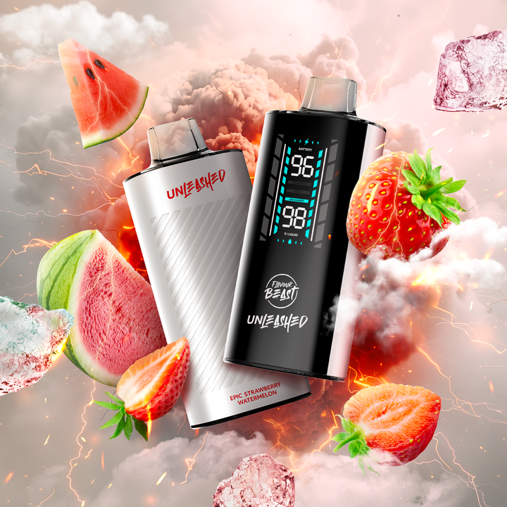 Two Flavour Beast Unleashed vapes in white and black, surrounded by strawberries, Watermelon, and ice with a dynamic, stormy background.