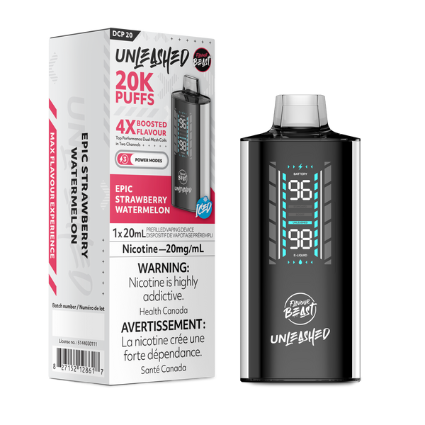 Flavour Beast Unleashed vape, Epic Strawberry Watermelon flavor, 20K puffs, 20mg/mL nicotine, digital display, Health Canada warning.
