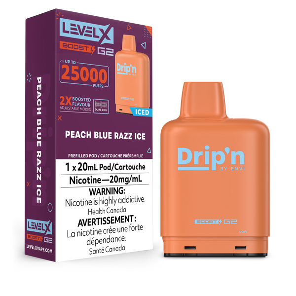 LEVEL X BOOST POD 25K DRIP'N PEACH BLUE RAZZ ICE POD AND PACKAGING