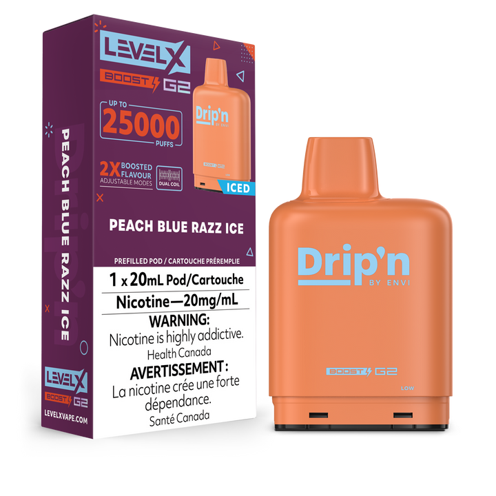 LEVEL X BOOST POD 25K DRIP'N PEACH BLUE RAZZ ICE POD AND PACKAGING