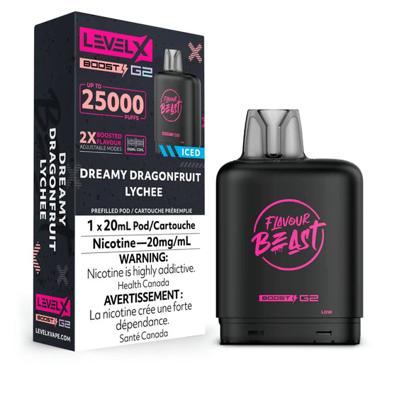 LEVEL X BOOST POD 25K FLAVOUR BEAST DREAMY DRAGONFRUIT LYCHEE ICED Device and packaging