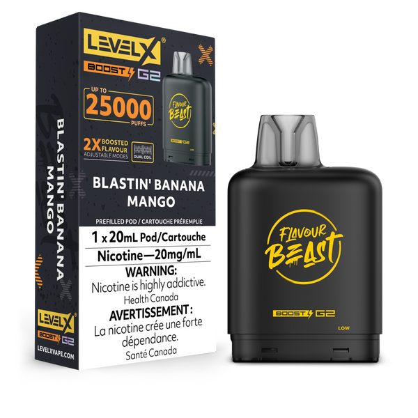 LEVEL X G2 POD 25K FLAVOUR BEAST BLASTIN' BANANA MANGO PACKAGING AND POD