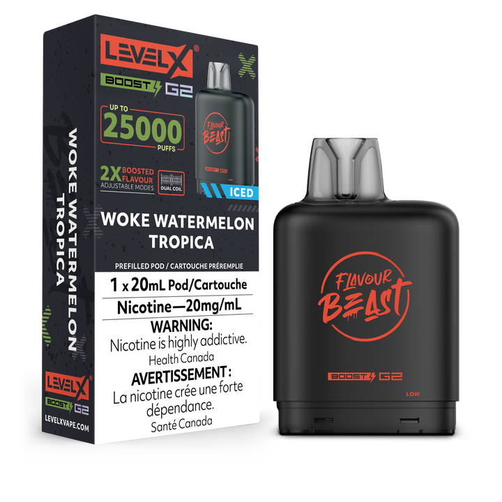 LEVEL X G2 POD 25K FLAVOUR BEAST WOKE WATERMELON TROPICA POD AND PACKAGING
