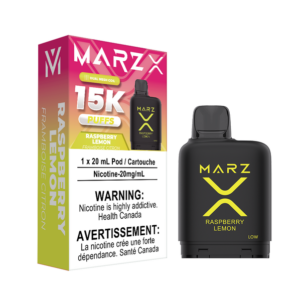 MARZ X 15K POD RASPBERRY LEMON PINK AND YELLOW PACKAGING WITH BLACK POD