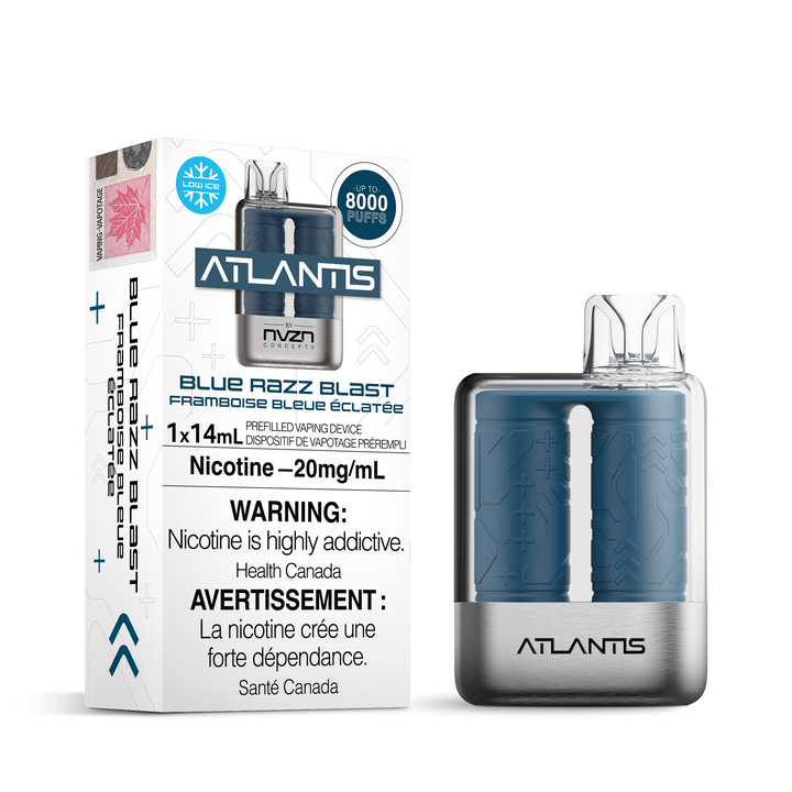 NVZN ATLANTIS 8000 RECHARGEABLE DISPOSABLE BLUE RAZZ BLAST Full flavour of bright blue raspberry that comes with a wave of freshness. Hazetown Vapes Toronto Ontario