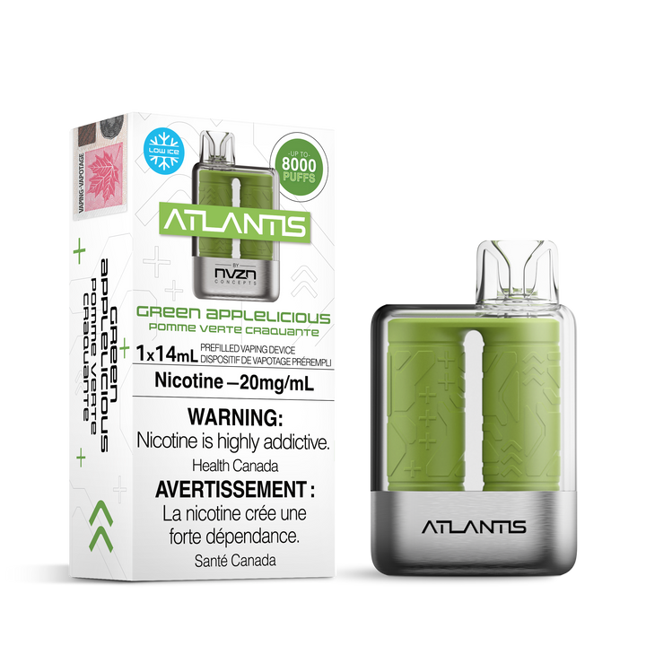 NVZN ATLANTIS 8000 RECHARGEABLE DISPOSABLE GREEN APPLELICIOUS Wonderfully crisp green apple shines through with its tart flavour. Hazetown Vapes Newfoundland