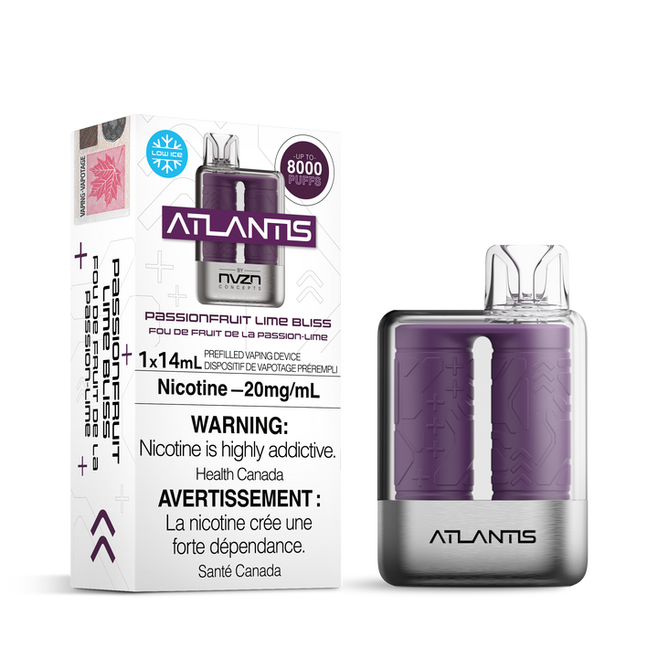 NVZN ATLANTIS 8000 RECHARGEABLE DISPOSABLE PASSIONFRUIT LIME BLISS Ripe passionfruit shines with notes of citrus, sour, and tropical freshness with a lingering hint of lime. Hazetown Vapes Montreal Quebec