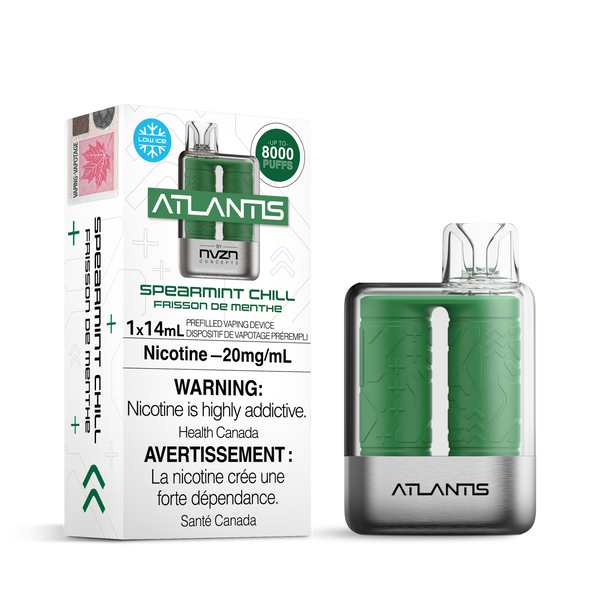 NVZN ATLANTIS 8000 RECHARGEABLE DISPOSABLE SPEARMINT CHILL Spicy freshness sweeps over with delicate notes of mint. Hazetown Vapes Toronto Ontario