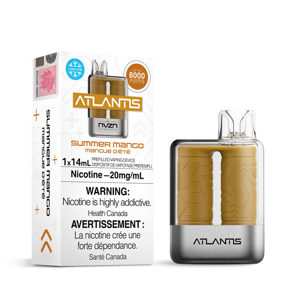 NVZN ATLANTIS 8000 RECHARGEABLE DISPOSABLE SUMMER MANGO Full-bodied notes of mango bring out the taste of tropical freshness. HAZETOWN VAPES QUEBEC