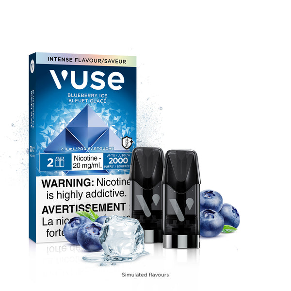 New Vuse Alto ePod Blueberry Ice pack with 2 black pods, blueberries, and a ice cube