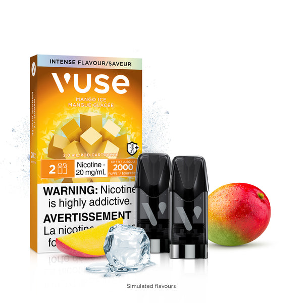 New Vuse Alto ePod Mango Ice pack with 2 black pods and sliced mango with an ice cube