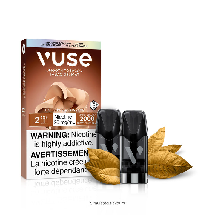New Vuse Alto ePod Smooth Tobacco packaging with 2 black pods and brown tobacco leaves