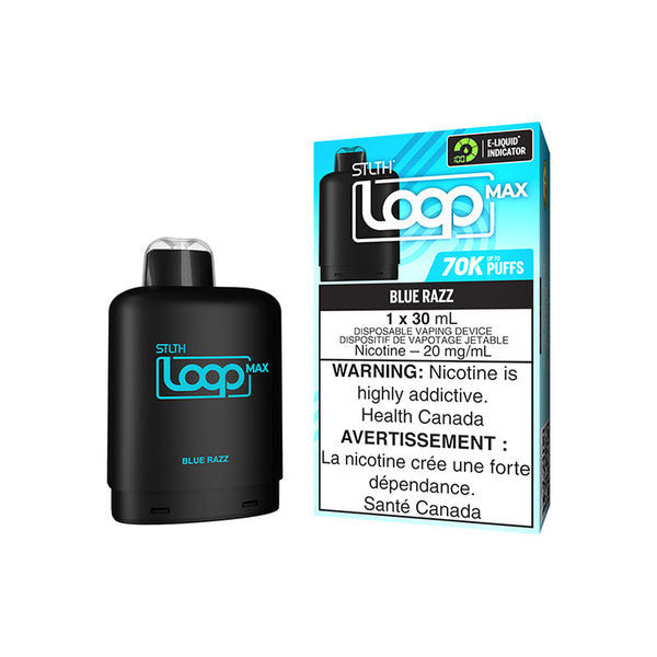 STLTH LOOP MAX POD IN BLUE RAZZ FLAVOR, SMALL RECTANGULAR SHAPE WITH LABEL ‘STLTH LOOP MAX’