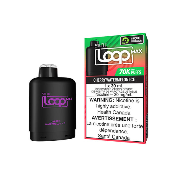 STLTH LOOP MAX POD IN CHERRY WATERMELON ICE FLAVOR, SMALL RECTANGULAR SHAPE WITH LABEL ‘STLTH LOOP MAX’