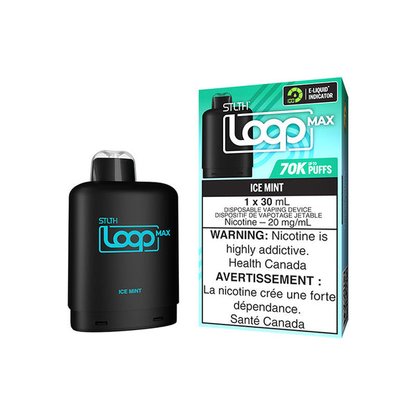 STLTH LOOP MAX POD IN ICE MINT FLAVOR, SMALL RECTANGULAR SHAPE WITH LABEL ‘STLTH LOOP MAX’