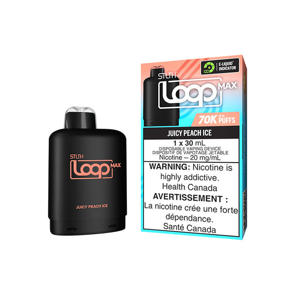 STLTH LOOP MAX POD IN JUICY PEACH ICE FLAVOR, SMALL RECTANGULAR SHAPE WITH LABEL ‘STLTH LOOP MAX’