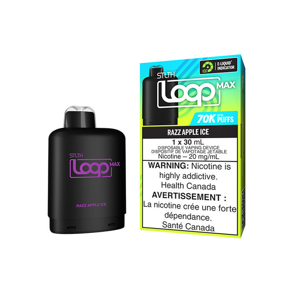 STLTH LOOP MAX POD IN RAZZ APPLE ICE FLAVOR, SMALL RECTANGULAR SHAPE WITH LABEL ‘STLTH LOOP MAX’