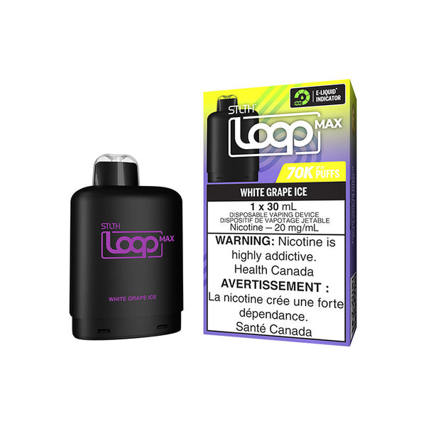 STLTH LOOP MAX POD IN WHITE GRAPE ICE FLAVOR, SMALL RECTANGULAR SHAPE WITH LABEL ‘STLTH LOOP MAX’