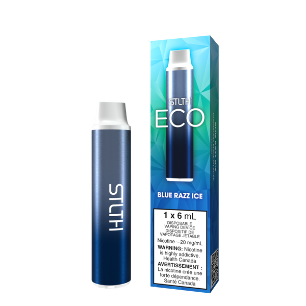 STLTH ECO DISPOSABLE IN BLUE RAZZ ICE, SMALL COMPACT DEVICE WITH THE LABEL ‘STLTH’