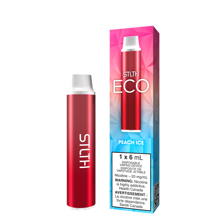 STLTH ECO DISPOSABLE IN PEACH ICE, SMALL COMPACT DEVICE WITH THE LABEL ‘STLTH’