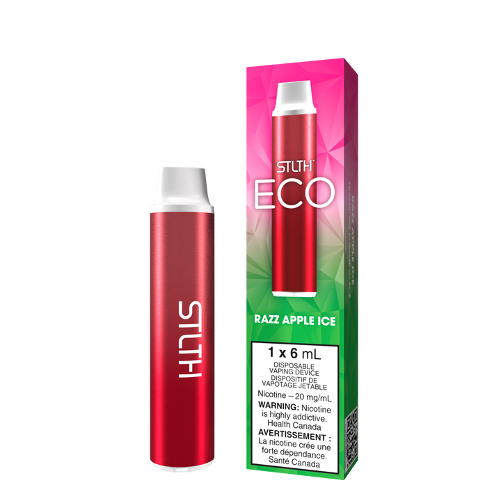 STLTH ECO DISPOSABLE IN RAZZ APPLE ICE, SMALL COMPACT DEVICE WITH THE LABEL ‘STLTH’