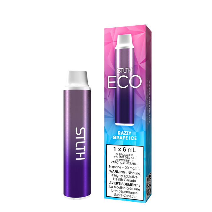 STLTH ECO DISPOSABLE IN RAZZY GRAPE ICE, SMALL COMPACT DEVICE WITH THE LABEL ‘STLTH’