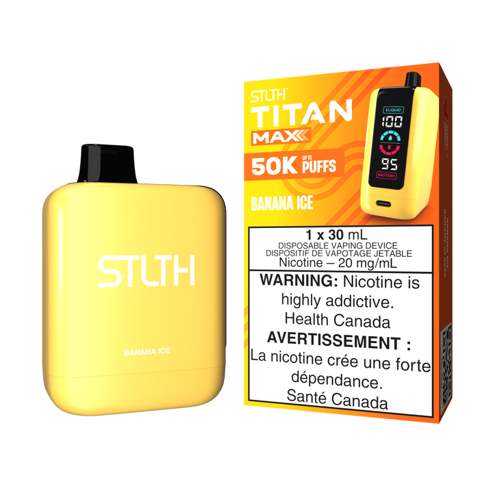 Yellow STLTH TITAN MAX vape with box, marked "50K PUFFS, 20 mg/mL nicotine."