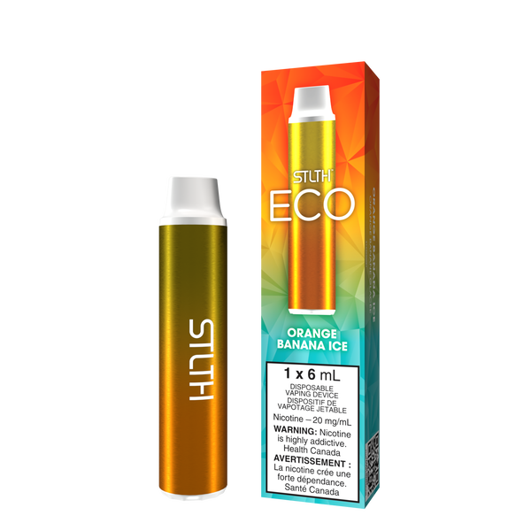 STLTH ECO DISPOSABLE IN ORANGE BANANA ICE, SMALL COMPACT DEVICE WITH THE LABEL ‘STLTH’