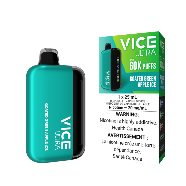 VICE ULTRA DISPOSABLE 60K - GOATED GREEN APPLE ICE DEVICE AND PACKAGING