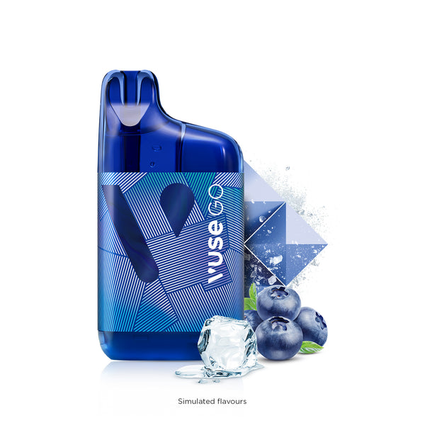 Vuse Go 5000 Boost Rechargeable Disposable Blueberry Ice Device with blueberries and ice cube