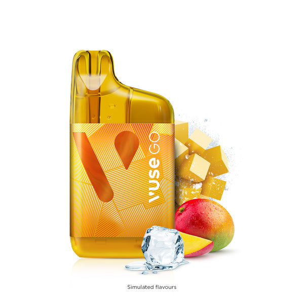 Vuse Go 5000 Boost Rechargeable Disposable Mango Ice device With Mangos and a ice cube