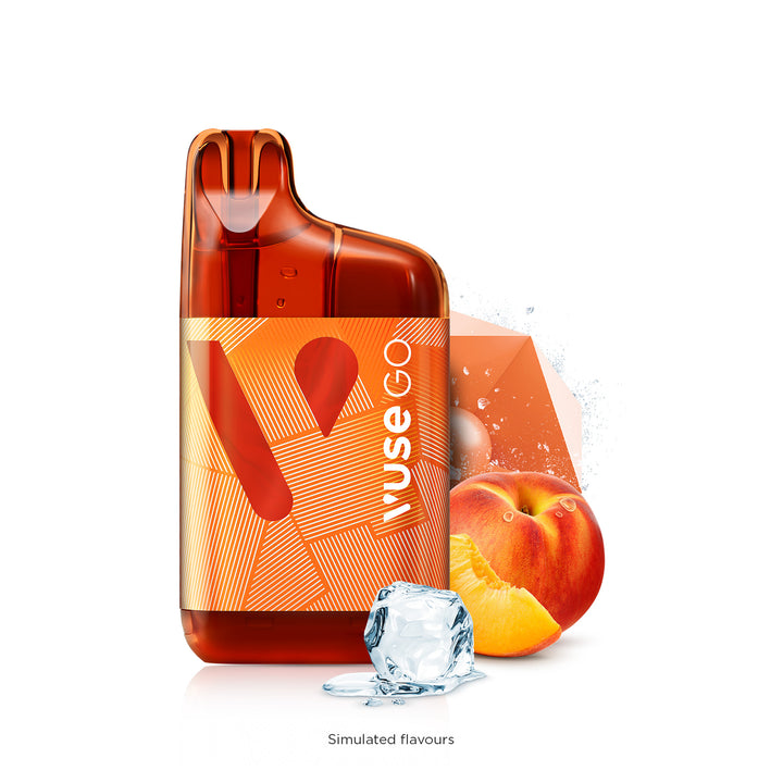 Vuse Go 5000 Boost Rechargeable Disposable with Peach and a melting ice cube