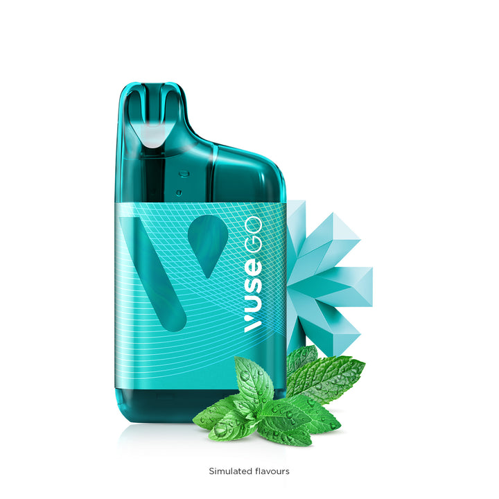 Vuse Go 5000 Boost Rechargeable Disposable Polar Mint Device with mint leaves