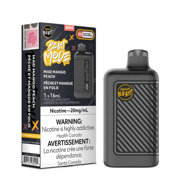 Mad Mango Peach Flavour Beast Mode 8000 Puff Rechargeable Disposable Hazetown Vapes Toronto Ontario
