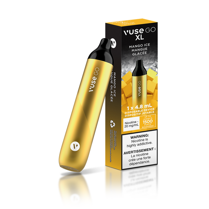 Vuse Go XL Mango Ice A smooth fresh Mango with an icy twist.   Experience new taste sensations. Intense Flavour. Less Hassle. Up to 1500 puffs. 2% 4.8ML   