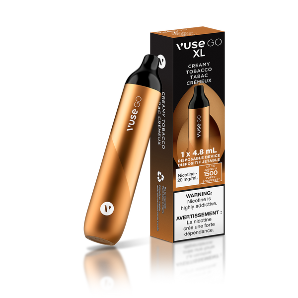Vuse Go XL Creamy Tobacco A smooth blend of creamy Vanilla and Tobacco  Experience new taste sensations. Intense Flavour. Less Hassle. Up to 1500 puffs. 2% 4.8ML