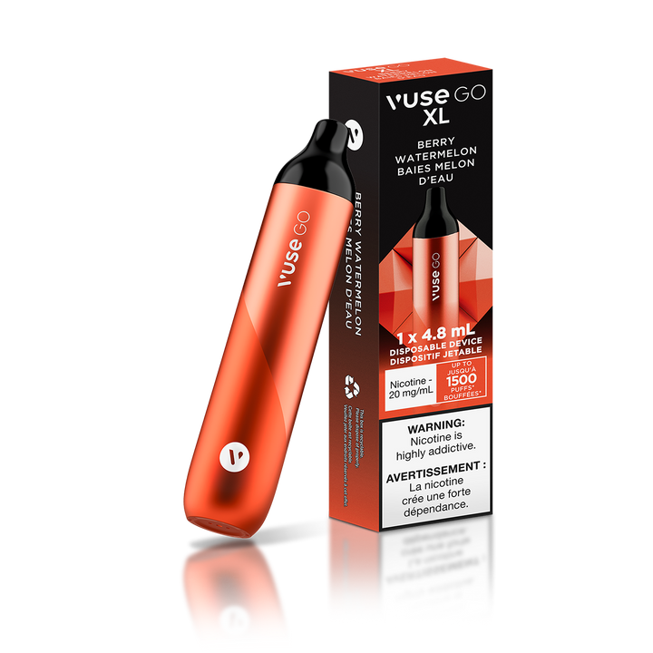 Vuse Go XL Berry Watermelon Sweet red berries with refreshing watermelon and just a hint of icy cool.  Experience new taste sensations. Intense Flavour. Less Hassle. Up to 1500 puffs. 2% 4.8ML